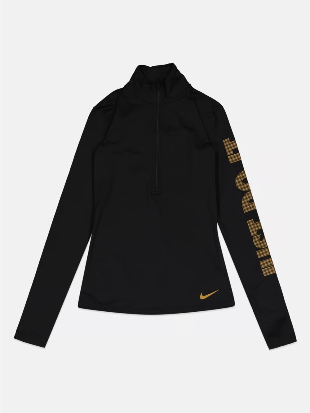 Nike Women’s Black Half-Zip Long-Sleeve Top with Gold Accents
